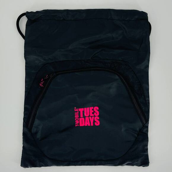 T-Mobile Black Lightweight Drawstring Backpack Zipper Compartment Pink Logo -New - Picture 3 of 8